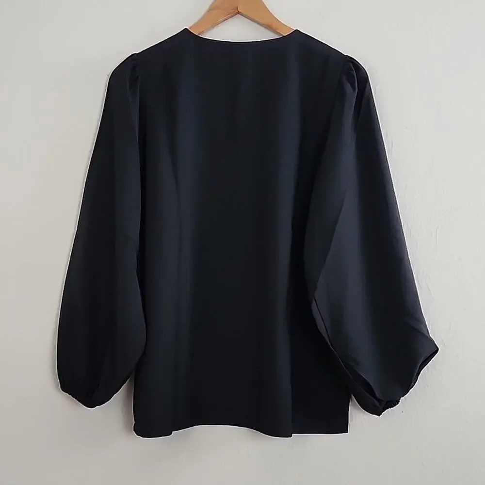 J. Crew Black Puff Sleeve Top Satin Back Crepe Keyhole Blouse NWT Small Tall ST